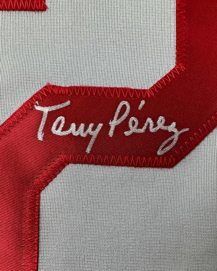 Framed Autographed/Signed Tony Perez 35x39 Cincinnati Grey Baseball Jersey Beckett BAS COA