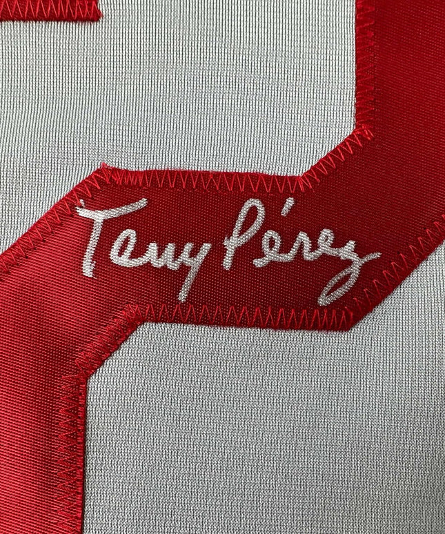 Framed Autographed/Signed Tony Perez 35x39 Cincinnati Grey Baseball Jersey Beckett BAS COA