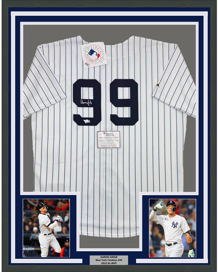 Framed Autographed/Signed Aaron Judge 35x39 New York Yankees Authentic Majestic Pinstripe Baseball Jersey Fanatics COA