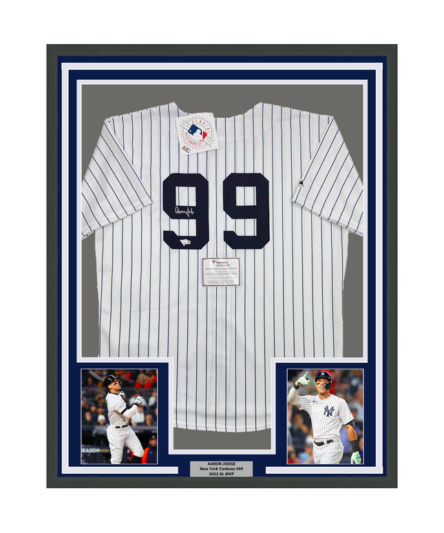 Framed Autographed/Signed Aaron Judge 35x39 New York Yankees Authentic Majestic Pinstripe Baseball Jersey Fanatics COA