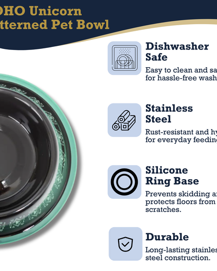 Non-Skid Boho Stainless Steel Dog Bowl – with Whimsical Unicorn Design, Silicone Base for Medium Dogs – 24oz