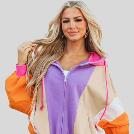 Women Drawstring Color Block Zip Up Long Sleeve Hoodie