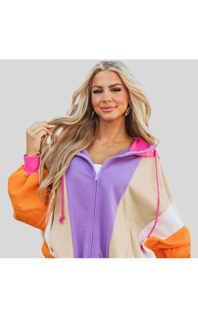 Women Drawstring Color Block Zip Up Long Sleeve Hoodie