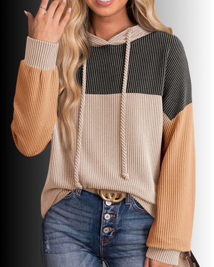 Women Drawstring Color Block Long Sleeve Hoodie