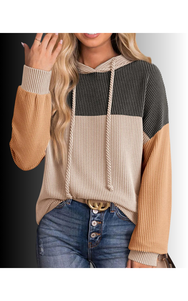 Women Drawstring Color Block Long Sleeve Hoodie