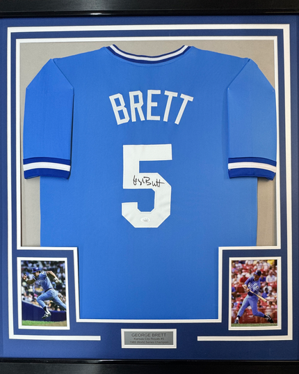 Framed Autographed/Signed George Brett 35x39 Kansas City Blue Baseball Jersey JSA COA