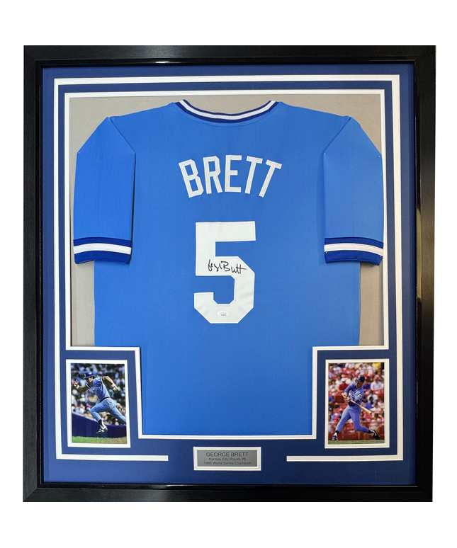 Framed Autographed/Signed George Brett 35x39 Kansas City Blue Baseball Jersey JSA COA