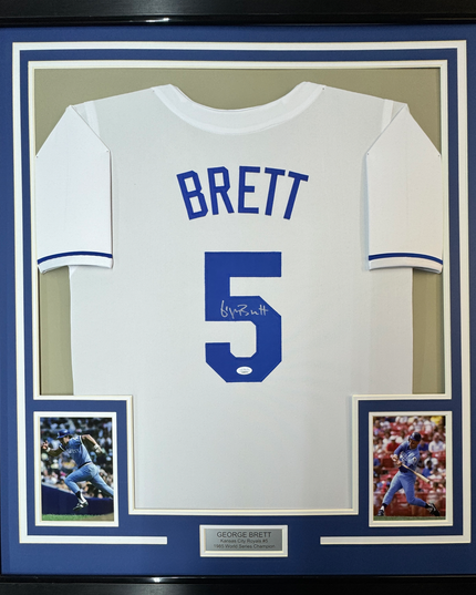 Framed Autographed/Signed George Brett 35x39 Kansas City White Baseball Jersey JSA COA