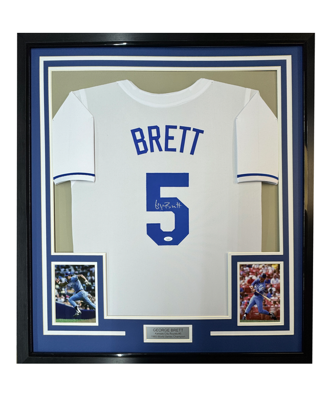 Framed Autographed/Signed George Brett 35x39 Kansas City White Baseball Jersey JSA COA