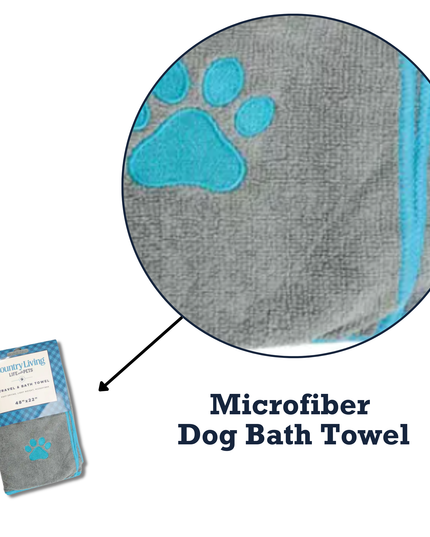 Country Living Large Gray Microfiber Dog Bath Towel with Teal Embroidered Paw Print
