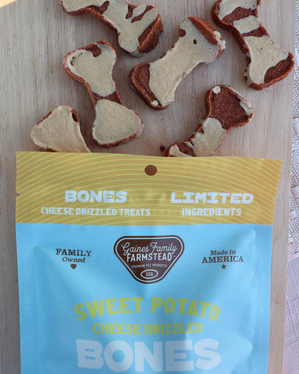 Cheese Drizzled Sweet Potato Bones