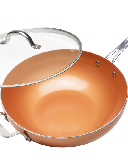 MASTERPAN Ceramic Nonstick Copper Color Wok & Glass Lid, 12" (30cm)