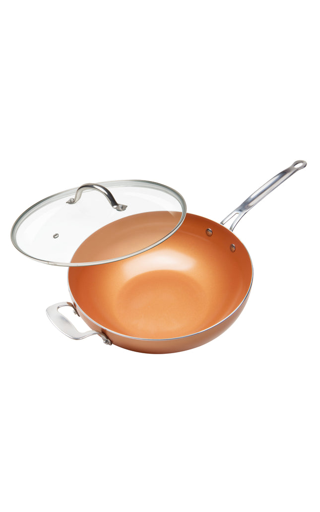 MASTERPAN Ceramic Nonstick Copper Color Wok & Glass Lid, 12" (30cm)