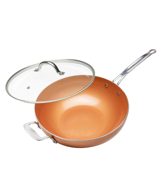 MASTERPAN Ceramic Nonstick Copper Color Wok & Glass Lid, 12" (30cm)