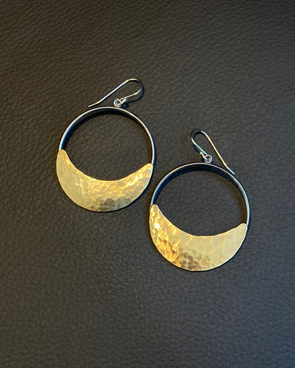 Crescent Moon Hoop Earrings in Oxidized Silver and Brass | Moon Phase Earrings