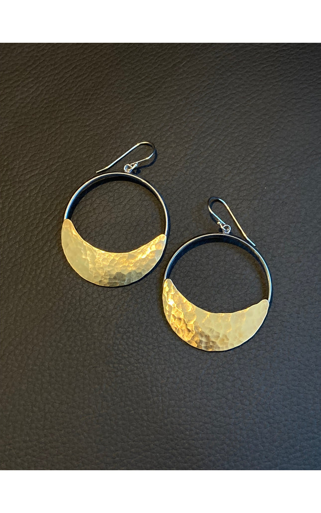 Crescent Moon Hoop Earrings in Oxidized Silver and Brass | Moon Phase Earrings