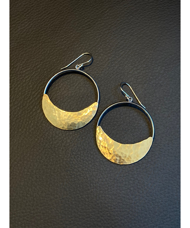 Crescent Moon Hoop Earrings in Oxidized Silver and Brass | Moon Phase Earrings