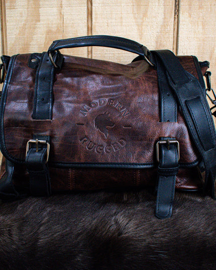 Leather Hide Laptop Bag- Rustic Merlot and Black (Buckles)
