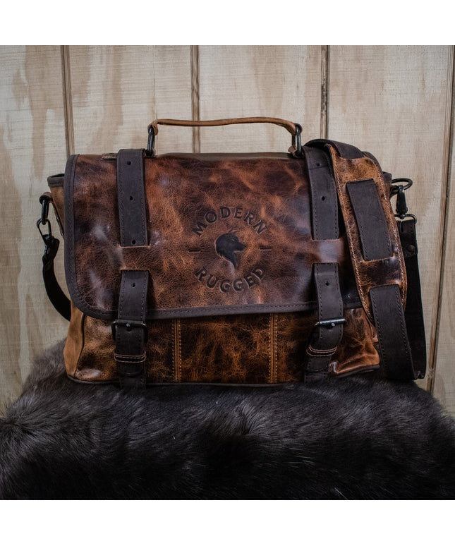 Leather Hide Laptop Bag- Rustic Chestnut and Dark Brown (Buckles)