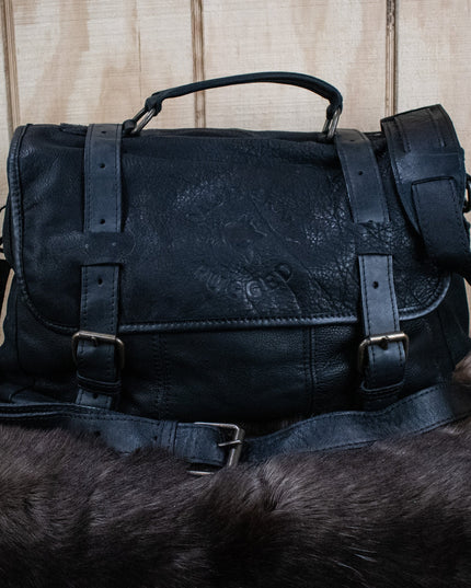 Leather Hide Laptop Bag- Black (Buckles)