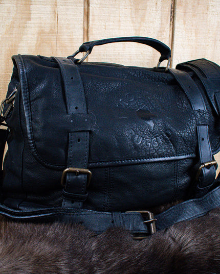 Leather Hide Laptop Bag- Black (Buckles)