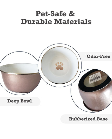 Deep Dog Bowl with Paw Print Design – Stainless Steel Bowl, Ideal for Small, Medium to Large Dogs – Rose Gold