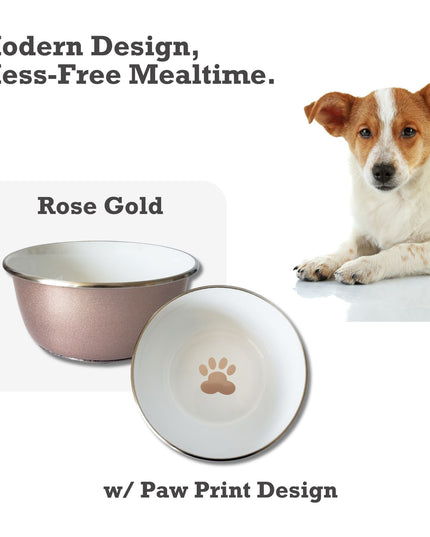 Deep Dog Bowl with Paw Print Design – Stainless Steel Bowl, Ideal for Small, Medium to Large Dogs – Rose Gold
