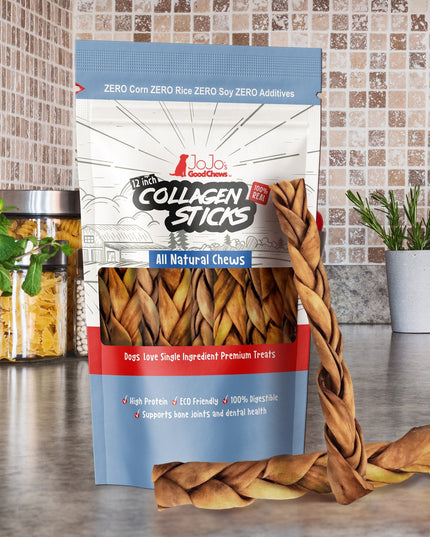 Braided Collagen Stick Dog Treats for Joint Health - 12-Inch Standard (4-Pack)