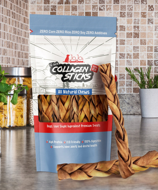 Braided Collagen Stick Dog Treats for Joint Health - 12-Inch Standard (4-Pack)