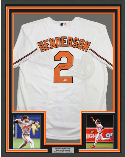 Framed Autographed/Signed Gunnar Henderson 35x39 Baltimore White Baseball Jersey Beckett BAS COA