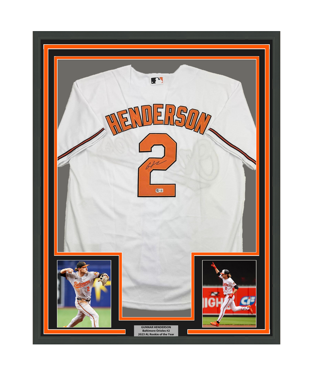 Framed Autographed/Signed Gunnar Henderson 35x39 Baltimore White Baseball Jersey Beckett BAS COA