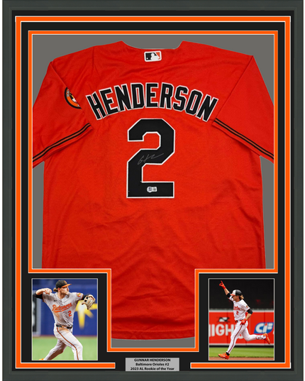 Framed Autographed/Signed Gunnar Henderson 35x39 Baltimore Orange Baseball Jersey Beckett BAS COA