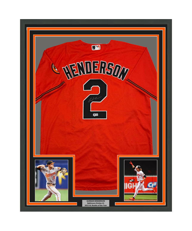 Framed Autographed/Signed Gunnar Henderson 35x39 Baltimore Orange Baseball Jersey Beckett BAS COA