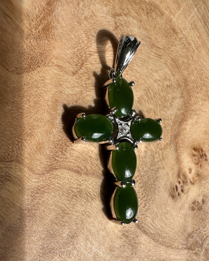 Dark Green Jade and Silver Cross Pendant - 4134