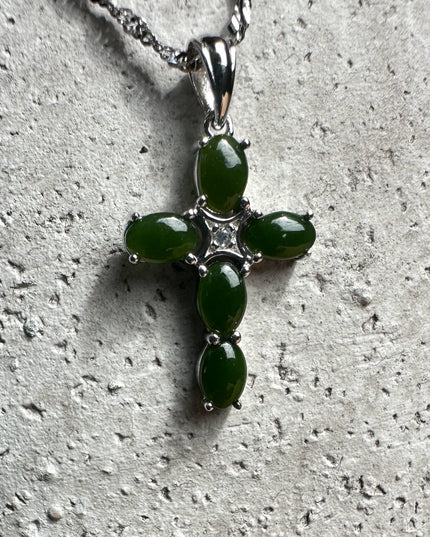 Dark Green Jade and Silver Cross Pendant - 4134