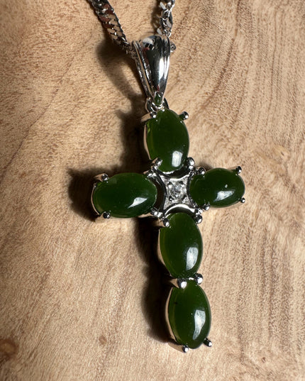 Dark Green Jade and Silver Cross Pendant - 4134