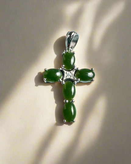Dark Green Jade and Silver Cross Pendant - 4134
