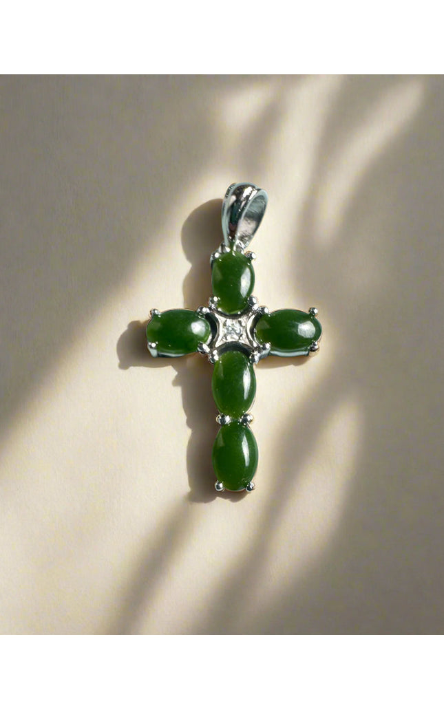 Dark Green Jade and Silver Cross Pendant - 4134