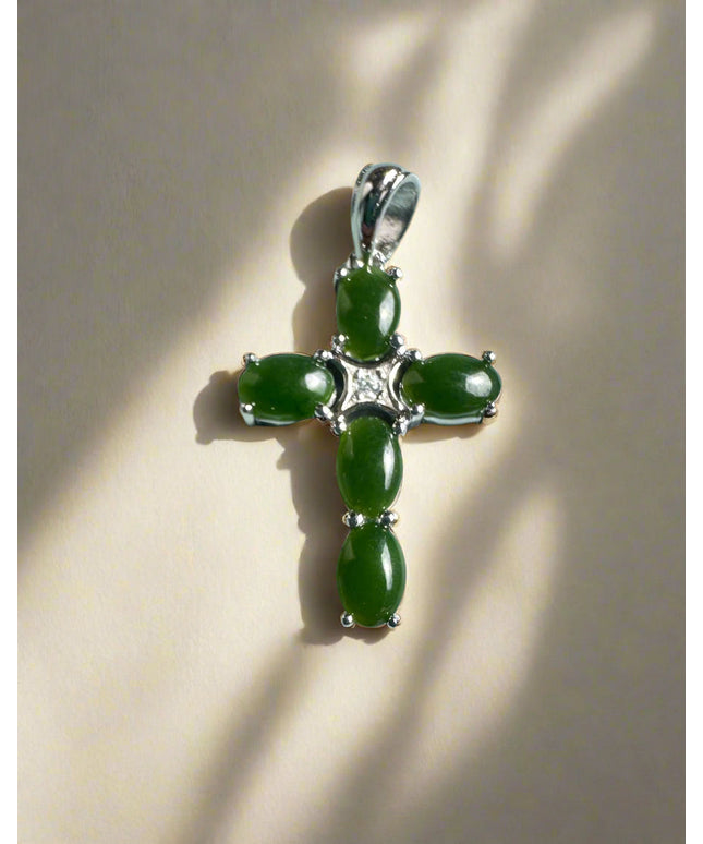 Dark Green Jade and Silver Cross Pendant - 4134