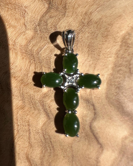Dark Green Jade and Silver Cross Pendant - 4134