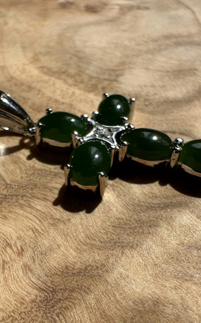 Dark Green Jade and Silver Cross Pendant - 4134