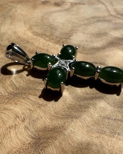 Dark Green Jade and Silver Cross Pendant - 4134