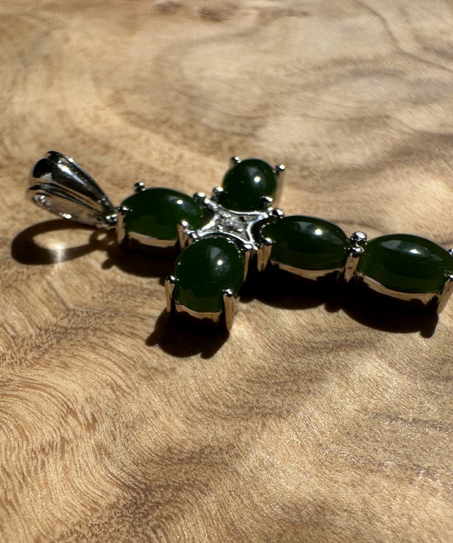 Dark Green Jade and Silver Cross Pendant - 4134