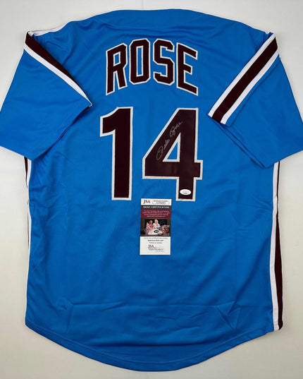 Autographed/Signed Pete Rose Philadelphia Retro Blue Baseball Jersey JSA COA