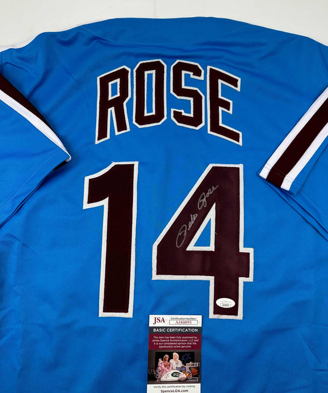 Autographed/Signed Pete Rose Philadelphia Retro Blue Baseball Jersey JSA COA