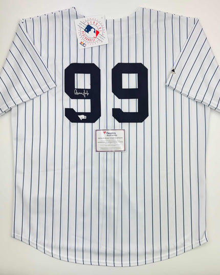 Autographed/Signed Aaron Judge New York Yankees Authentic Majestic Pinstripe Baseball Jersey Fanatics COA