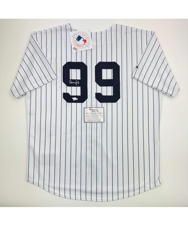 Autographed/Signed Aaron Judge New York Yankees Authentic Majestic Pinstripe Baseball Jersey Fanatics COA
