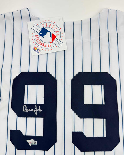 Autographed/Signed Aaron Judge New York Yankees Authentic Majestic Pinstripe Baseball Jersey Fanatics COA