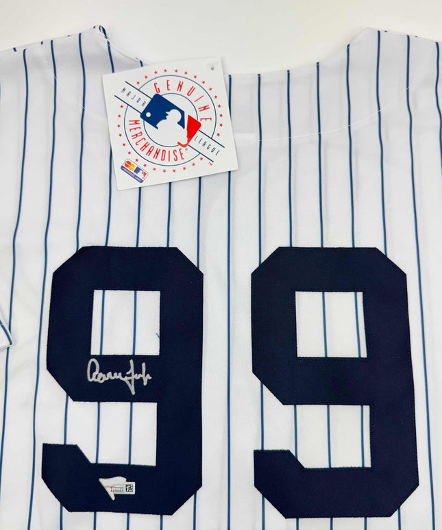 Autographed/Signed Aaron Judge New York Yankees Authentic Majestic Pinstripe Baseball Jersey Fanatics COA