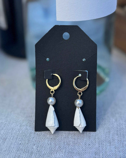 White Seashell and Pearl Hoop Earrings